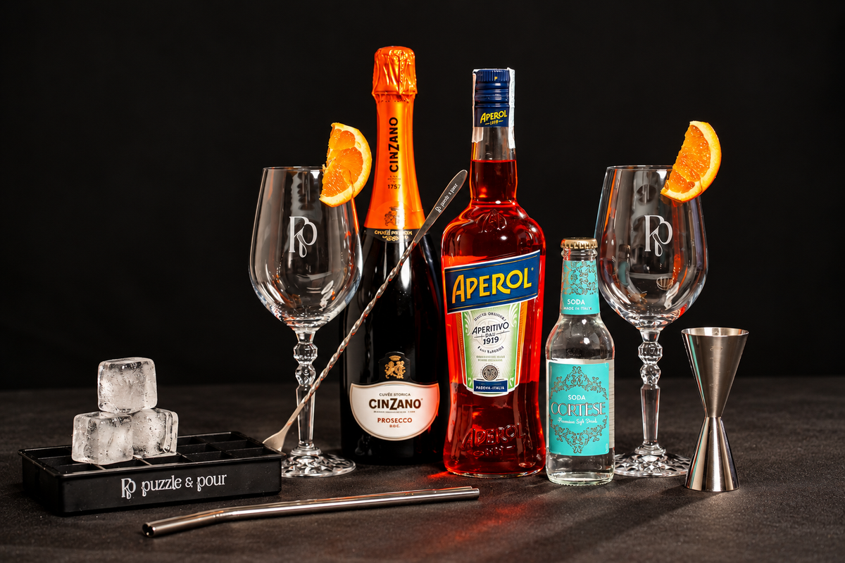 Box Aperol Spritz Puzzle & Pour con Aperol, Prosecco Cinzano, soda, bicchieri e accessori da cocktail. Un kit completo per preparare lo Spritz a casa, ideale come idea regalo per chi ama aperitivi, cocktail italiani e mixology.