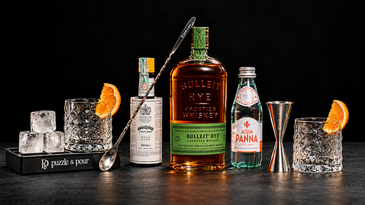 Box Old Fashioned Puzzle & Pour con Bulleit Rye, Angostura, bicchieri e accessori da cocktail, ideale come idea regalo per appassionati di whisky e mixology.
