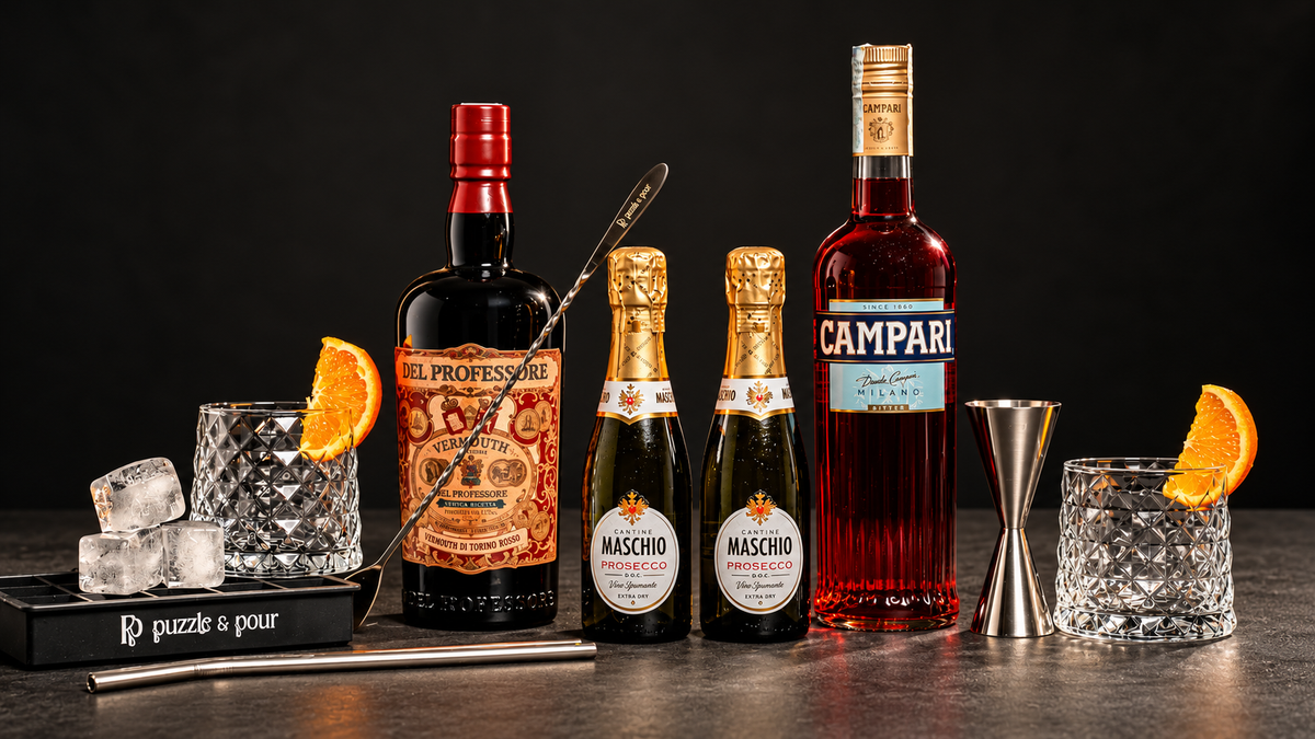 Box Aperitivo Puzzle & Pour con Campari, Vermouth del Professore, Prosecco, bicchieri e accessori da cocktail. Idea regalo originale per chi ama aperitivi, mixology e cocktail da preparare a casa.