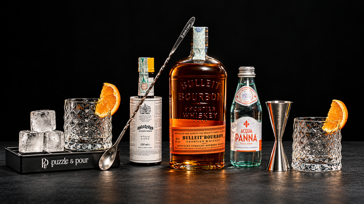 Box cocktail Old Fashioned Puzzle & Pour con Bulleit Bourbon, Angostura e accessori da bar per preparare a casa un Old Fashioned autentico. Idea regalo elegante per appassionati di whisky, cocktail e mixology.